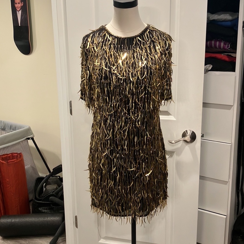 ASOS short-sleeved beaded mini dress in black and gold